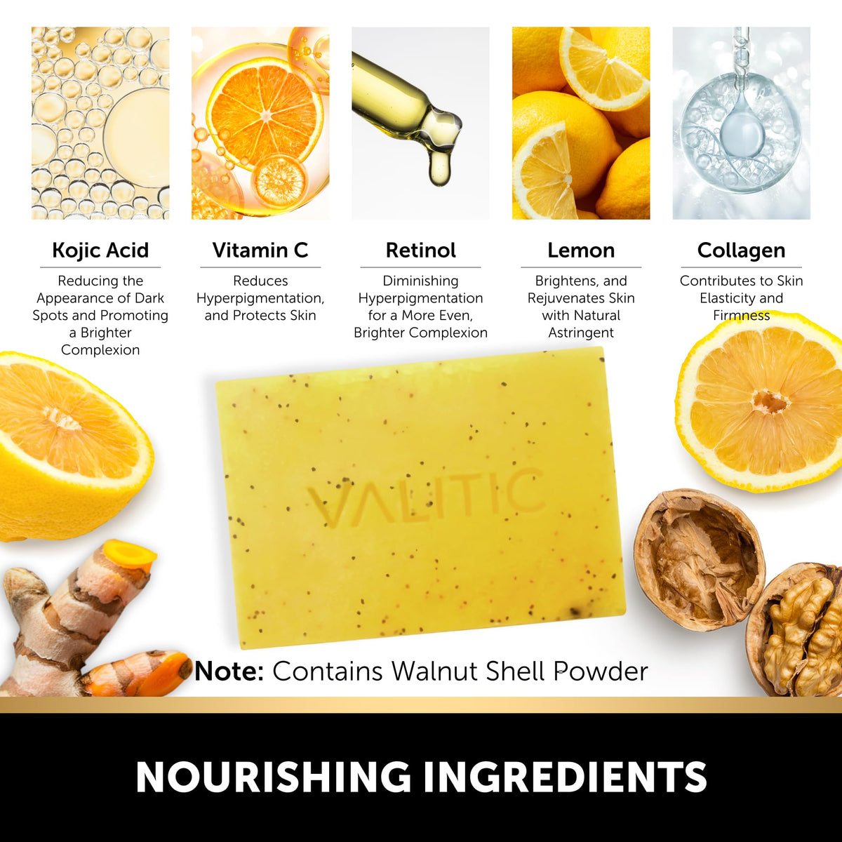 VALITIC lemon turmeric soap ingredients scene features kojic acid and vitamins