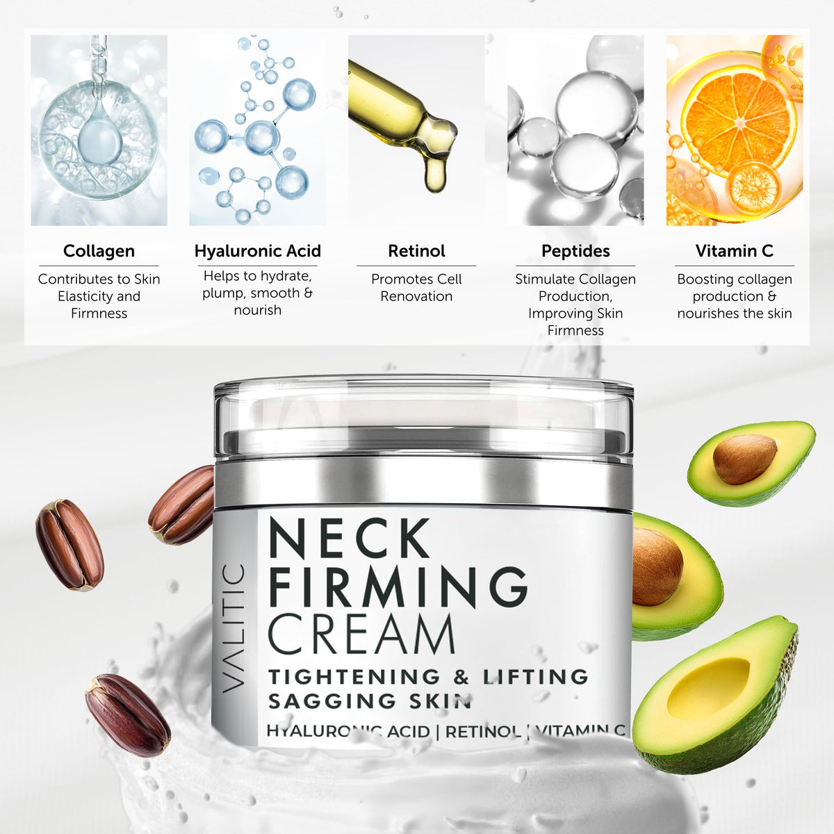 VALITIC Neck Cream featuring retinol and peptides for a firmer look.