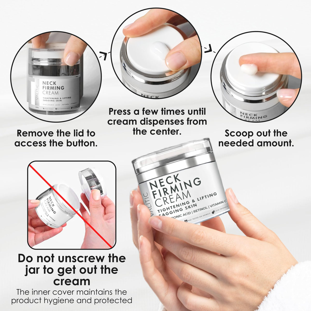 VALITIC Neck Cream packaging indicates SLS-free and parabens-free formula.