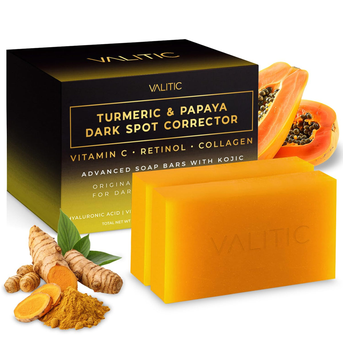 VALITIC papaya turmeric kojic acid soap bar pack front view, highlighting value in a 2-pack.