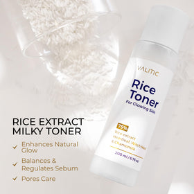 VALITIC Rice Toner label highlights 75% rice extract.
