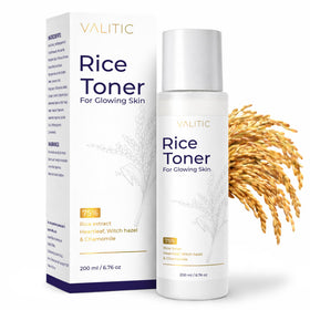 VALITIC Rice Toner bottle close-up for hydrated, glowing skin.