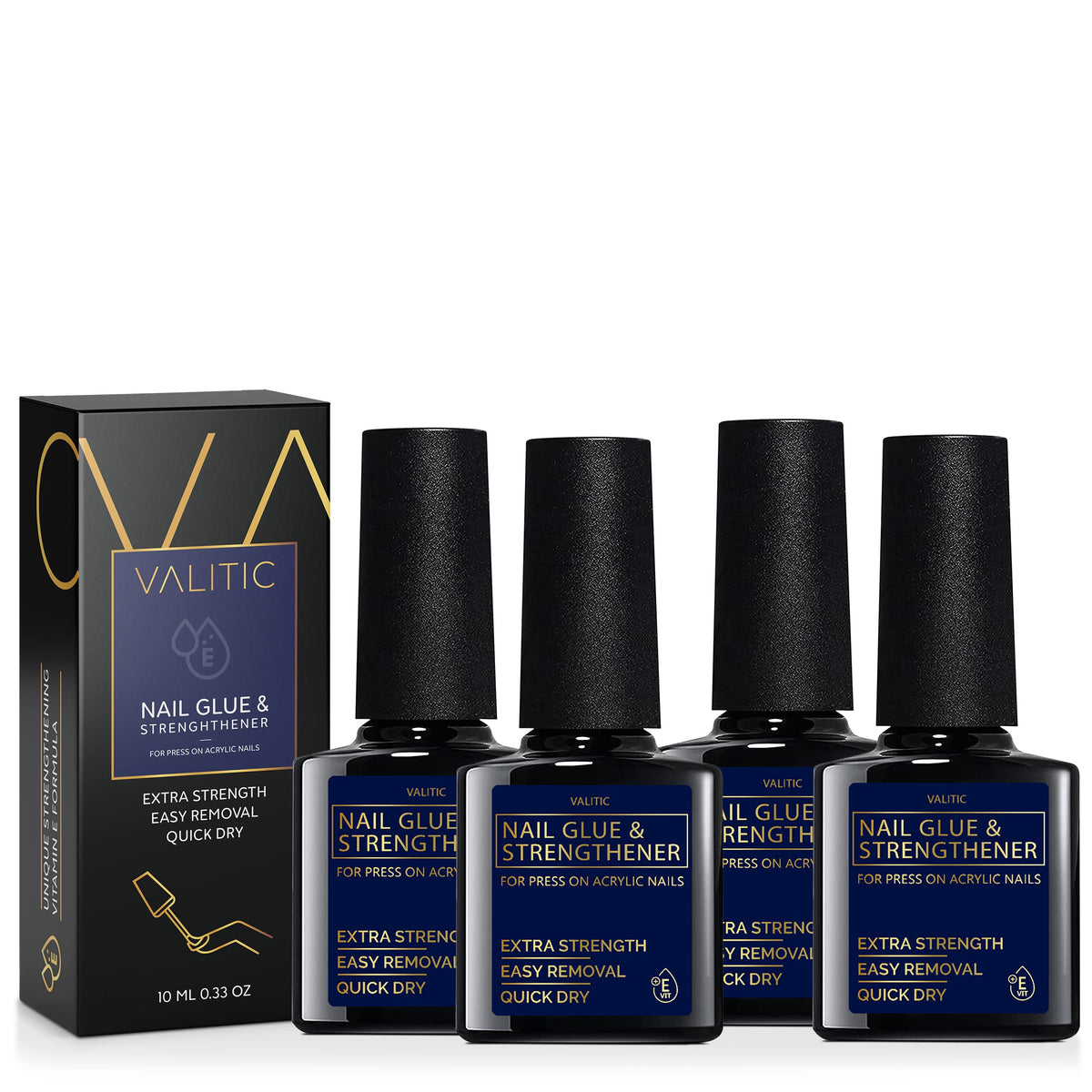 Valitic Strong Nail Glue brush-on application enables quick, durable bonds.