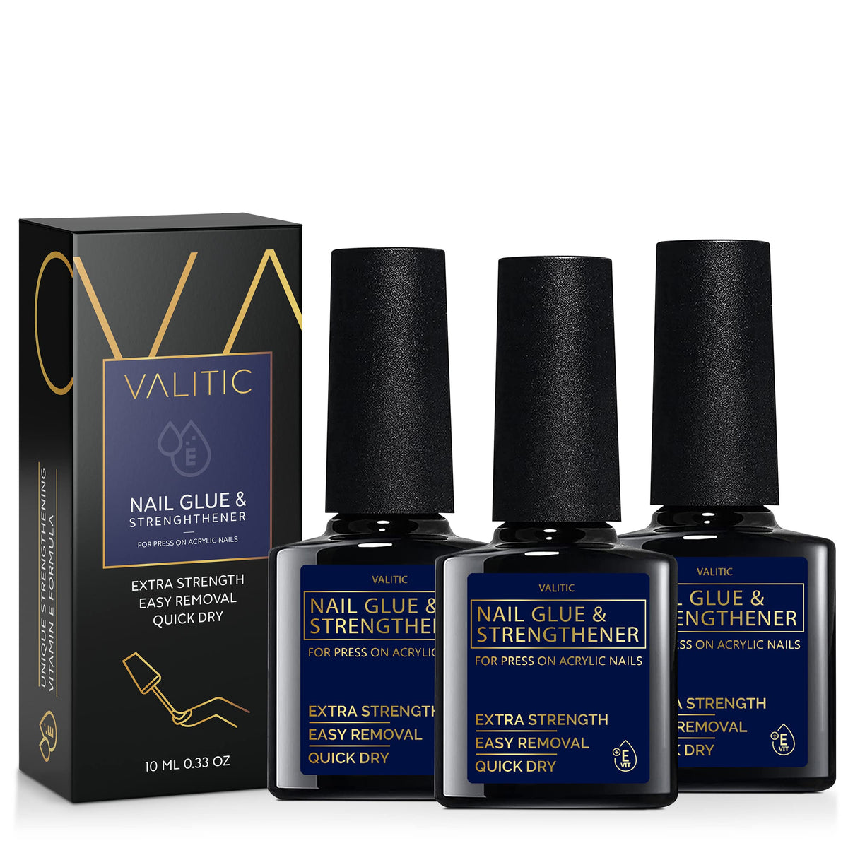  VALITIC strong nail glue bottle with brush for quick-dry adhesion.