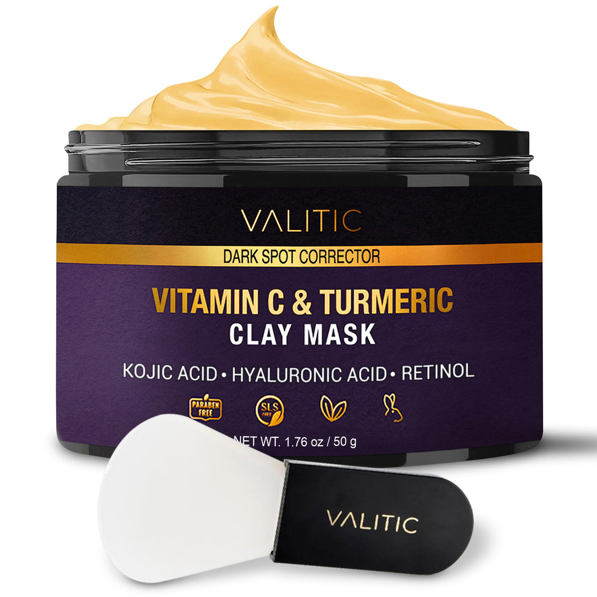 VALITIC clay mask jar close-up highlighting vitamin C and turmeric blend for brightness