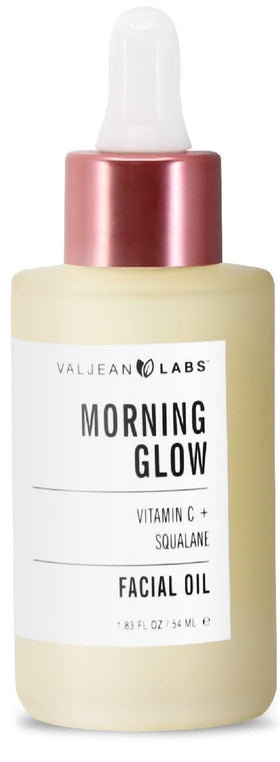 VALJEAN LABS Morning Glow bottle close-up, highlighting vitamin C and squalane for hydration