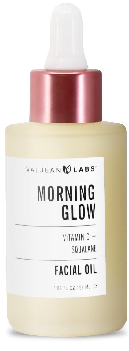 VALJEAN LABS Morning Glow bottle close-up, highlighting vitamin C and squalane for hydration