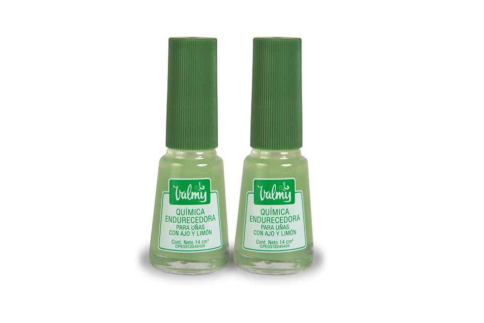 Valmy 2in1 garlic-lemon nail hardener bottle strengthens nails and reduces breakage.