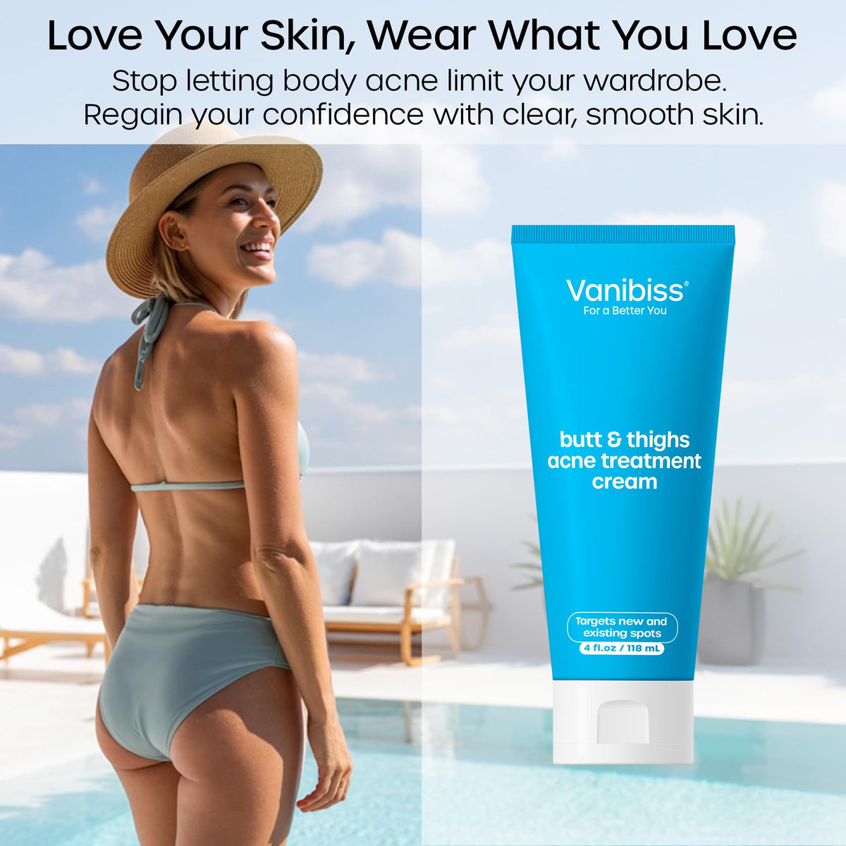 Vanibiss back acne treatment cream closeup focusing on pore-clearing action.