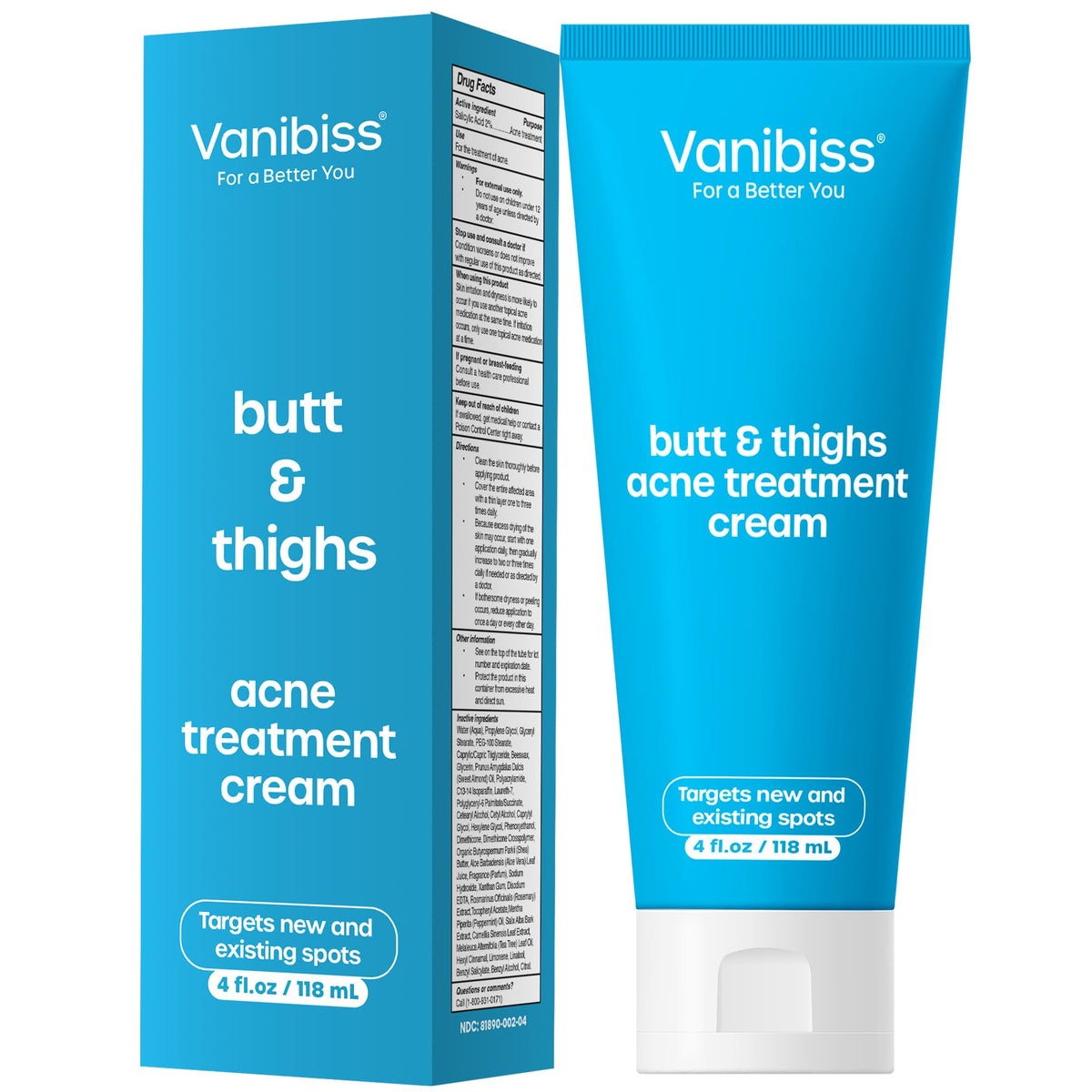 Vanibiss butt acne treatment bottle targets areas for clear, smooth skin.
