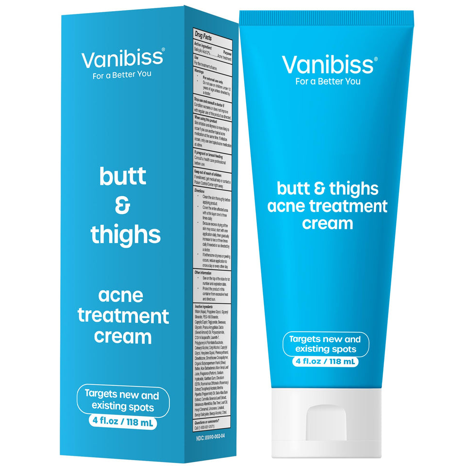 Vanibiss butt acne treatment bottle targets areas for clear, smooth skin.