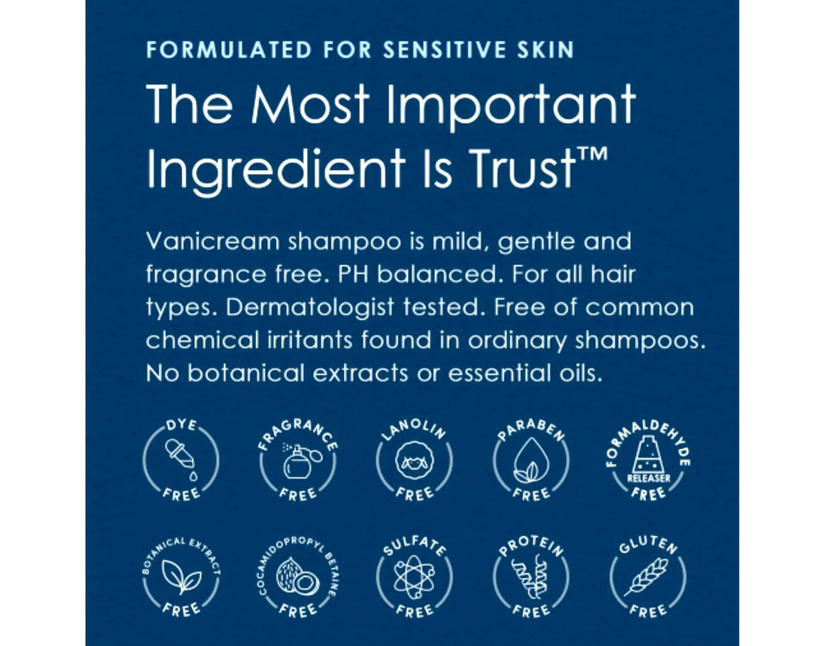 Vanicream daily-use hair care routine, unscented cleansing.