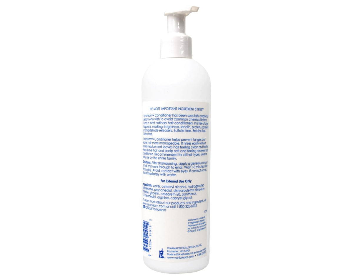 Vanicream conditioner on bathroom shelf showing easy rinse and family-friendly use.