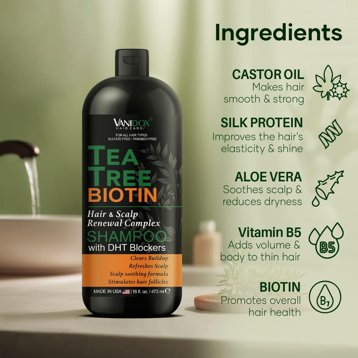 VanidoX Biotin Tea Tree Shampoo ingredients emphasize nourishing scalp care.