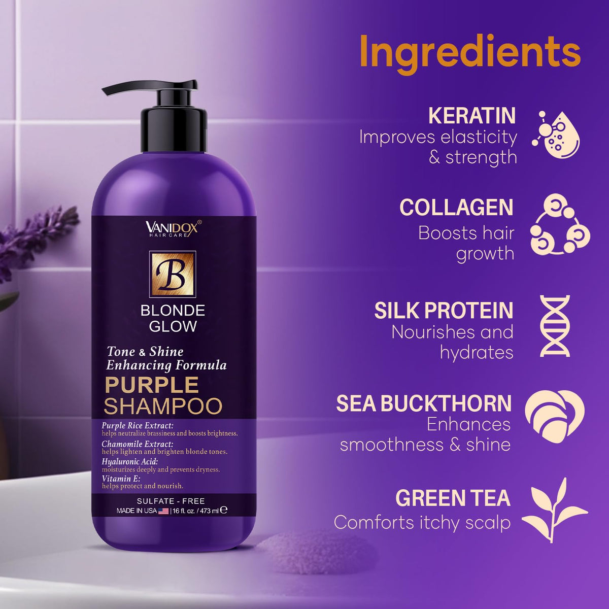 VANIDOX purple shampoo bottle close-up with purple rice extract ingredients