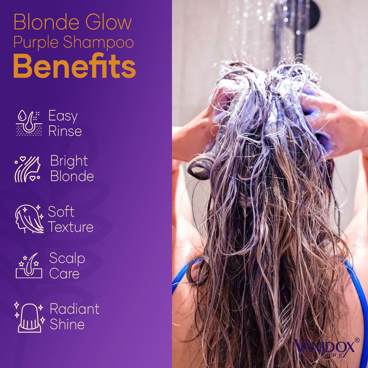 Close-up of VANIDOX purple shampoo lather on hair