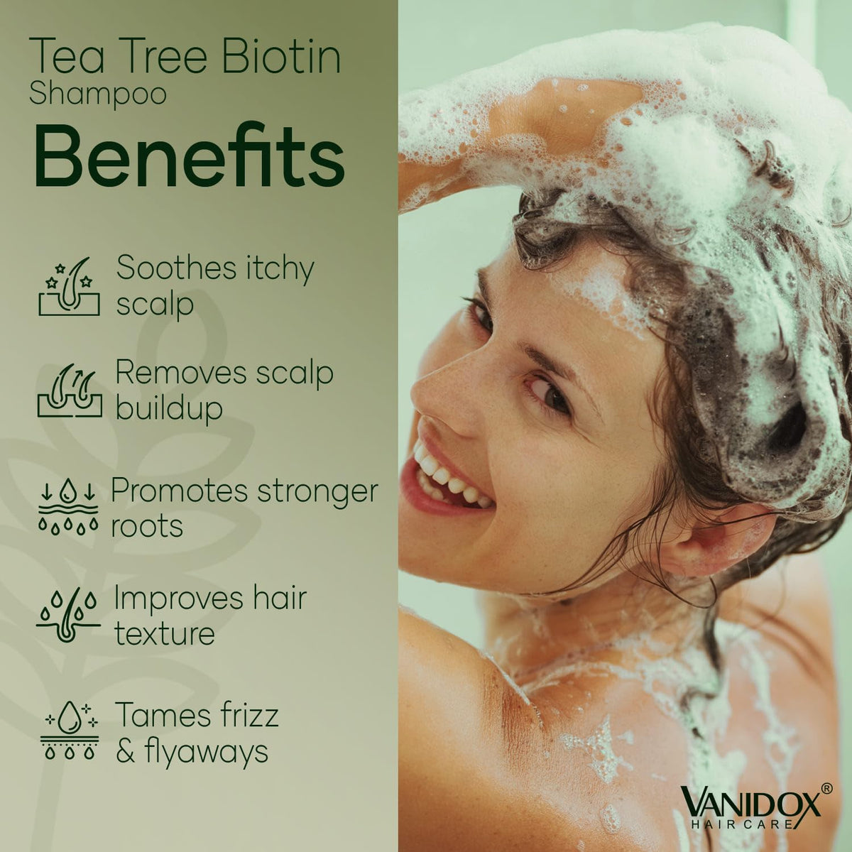 VanidoX Tea Tree Oil Shampoo foamy lather ready for a thorough wash.