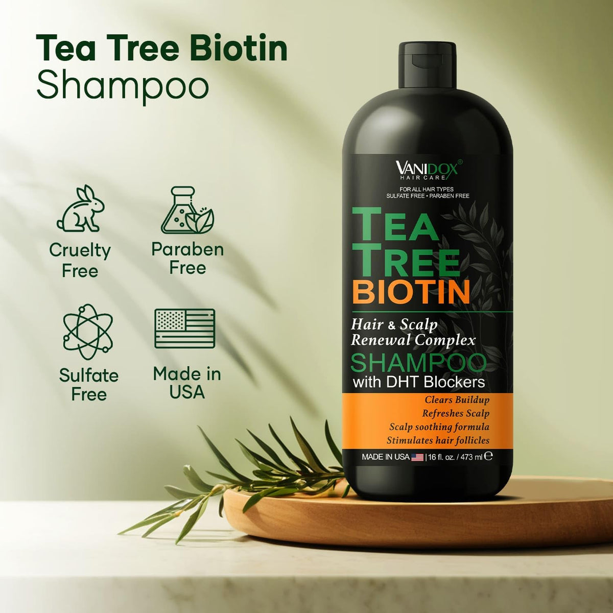 VanidoX Tea Tree Oil Shampoo label detail highlights pure tea tree benefits.