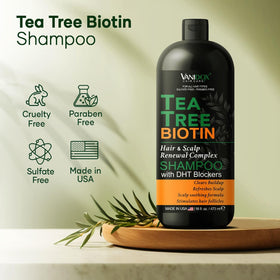 VanidoX Tea Tree Oil Shampoo label detail highlights pure tea tree benefits.