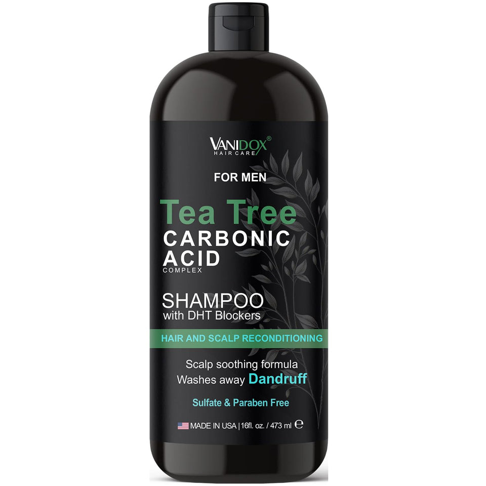 Vanidox Tea Tree Shampoo bottle for refreshing scalp care and healthy-looking hair.