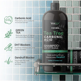 Vanidox Tea Tree Shampoo bottle with label noting DHT blockers.