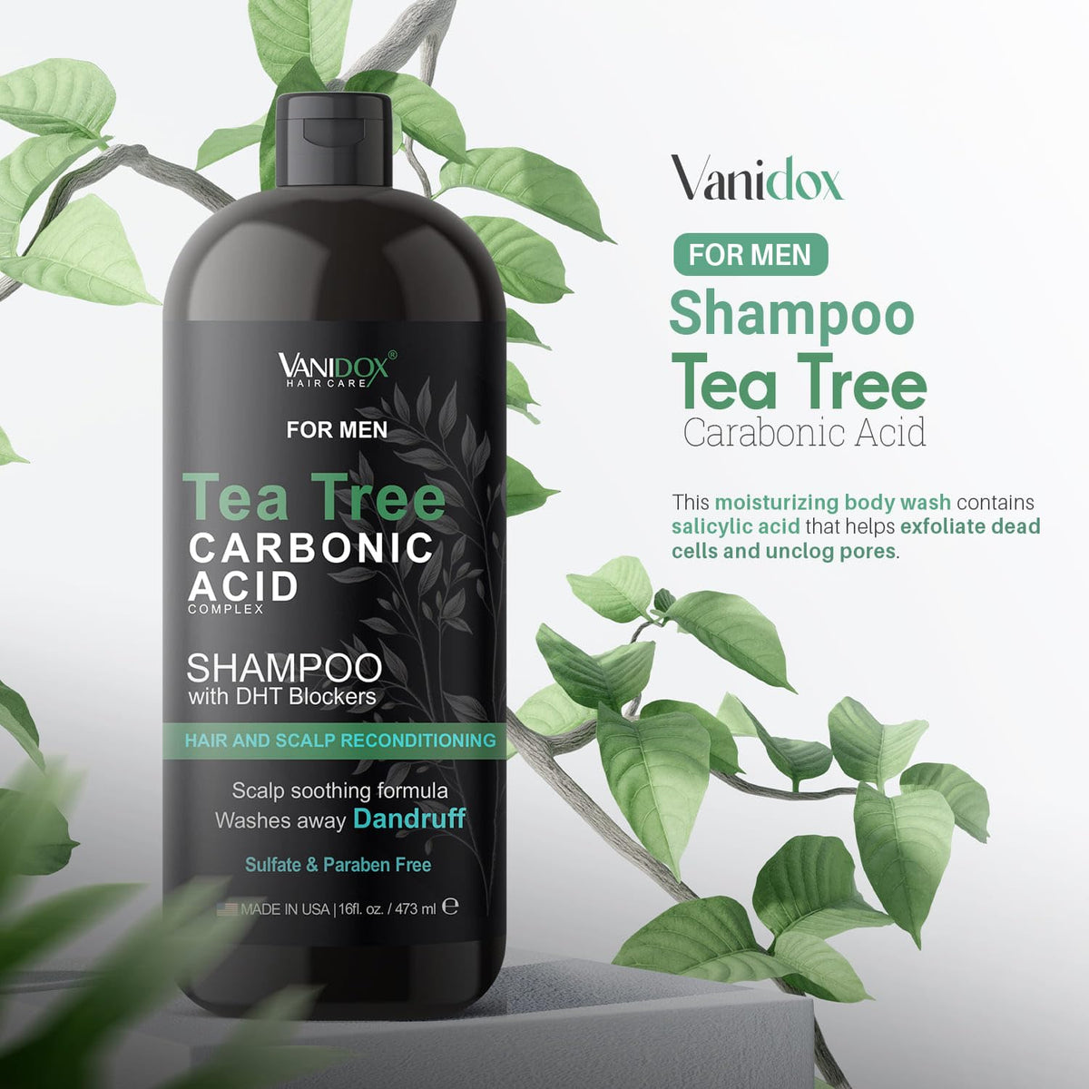 Vanidox Tea Tree Shampoo foam close-up showing rich lather for thorough cleansing.
