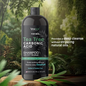 Vanidox Tea Tree Shampoo packaging highlighting organic ingredients and USA-made.
