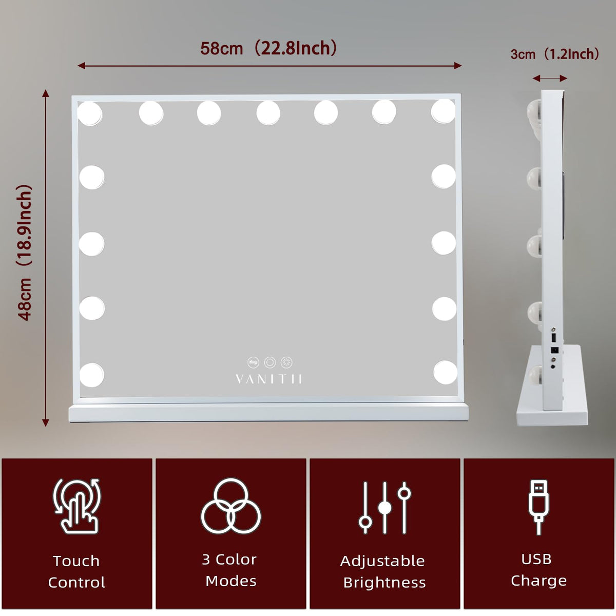 VANITII GLOBAL desktop vanity setup shows table-ready size and placement