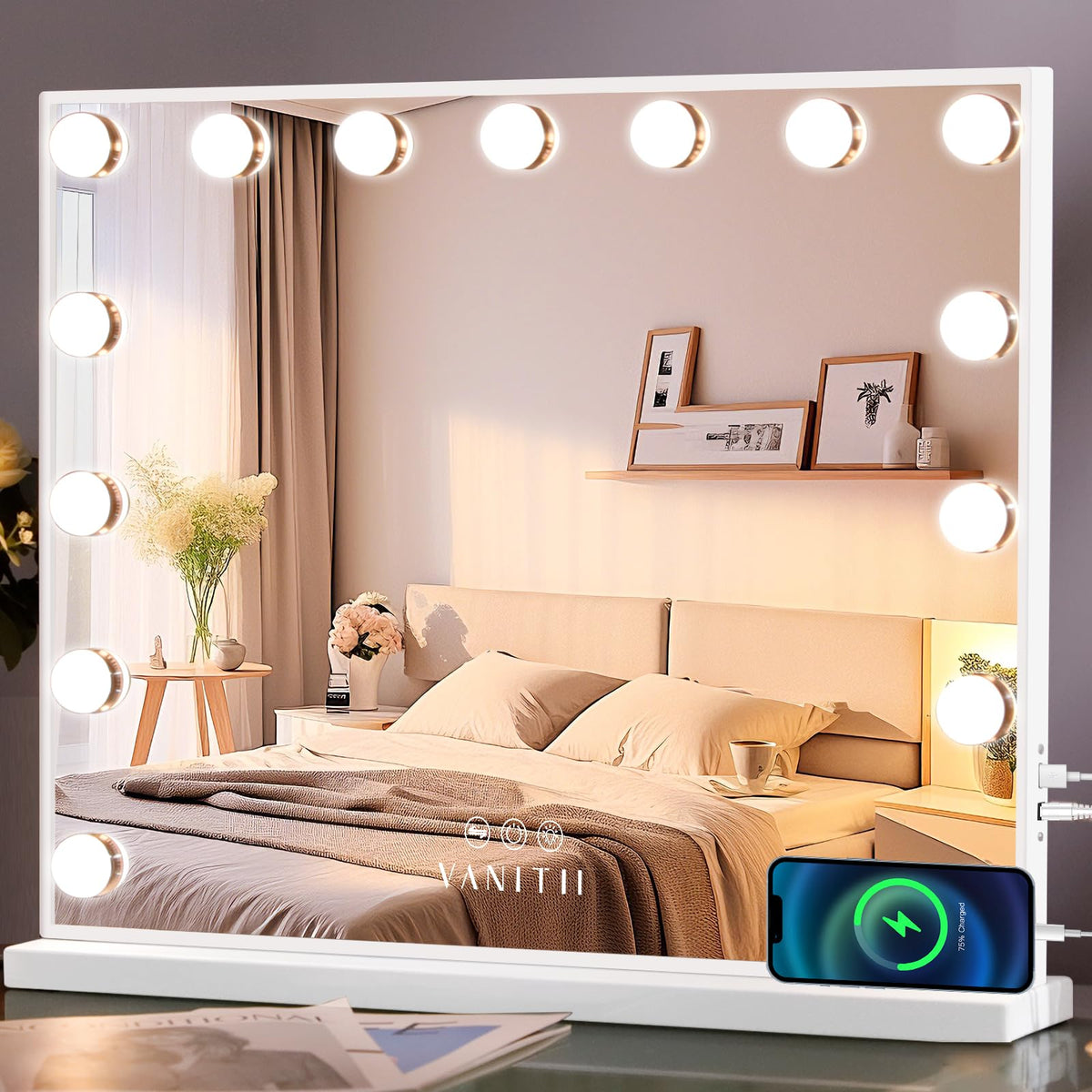 VANITII GLOBAL Hollywood vanity mirror with lights on a stylish desktop setup for makeup