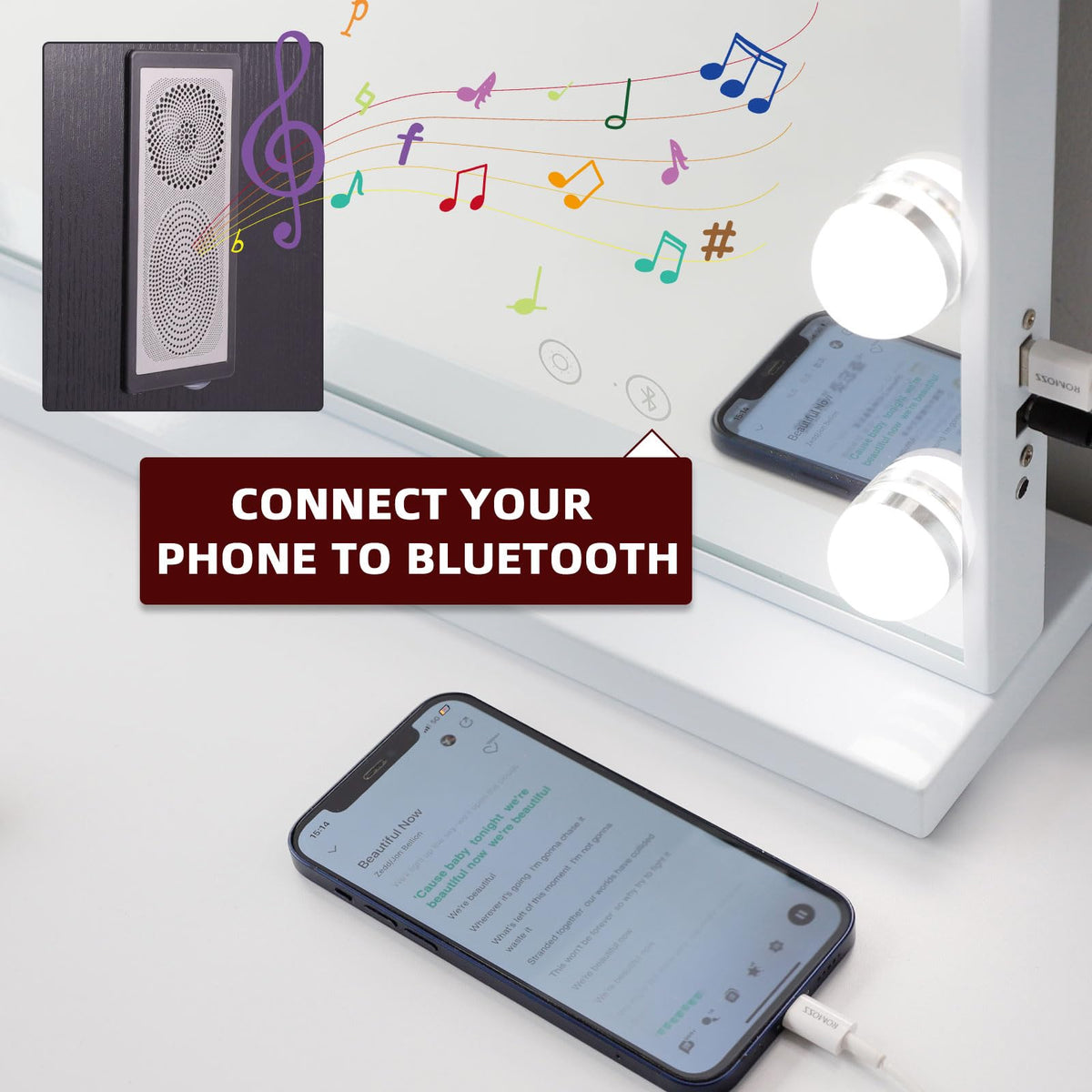 VANITII Global vanity mirror with USB port for device charging.