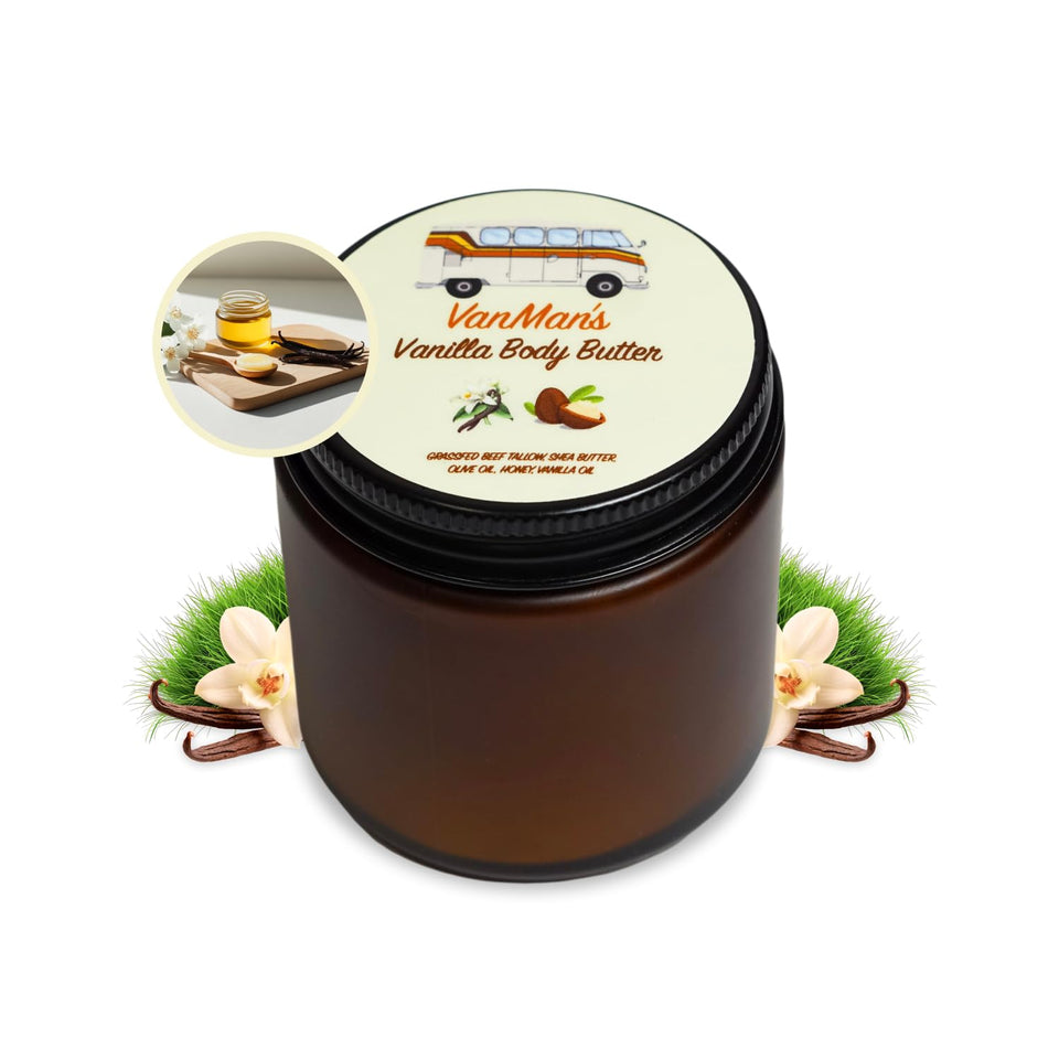 The VanMan Company Vanman's Whipped Tallow vanilla body butter jar showing rich hydration.