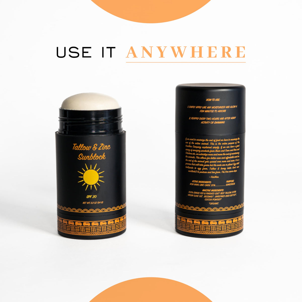 VanMan Tallow and Zinc Sunblock Stick simple six-ingredient formula display