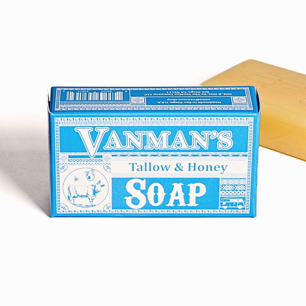 VanMan unscented tallow soap showing luxurious lather in action.