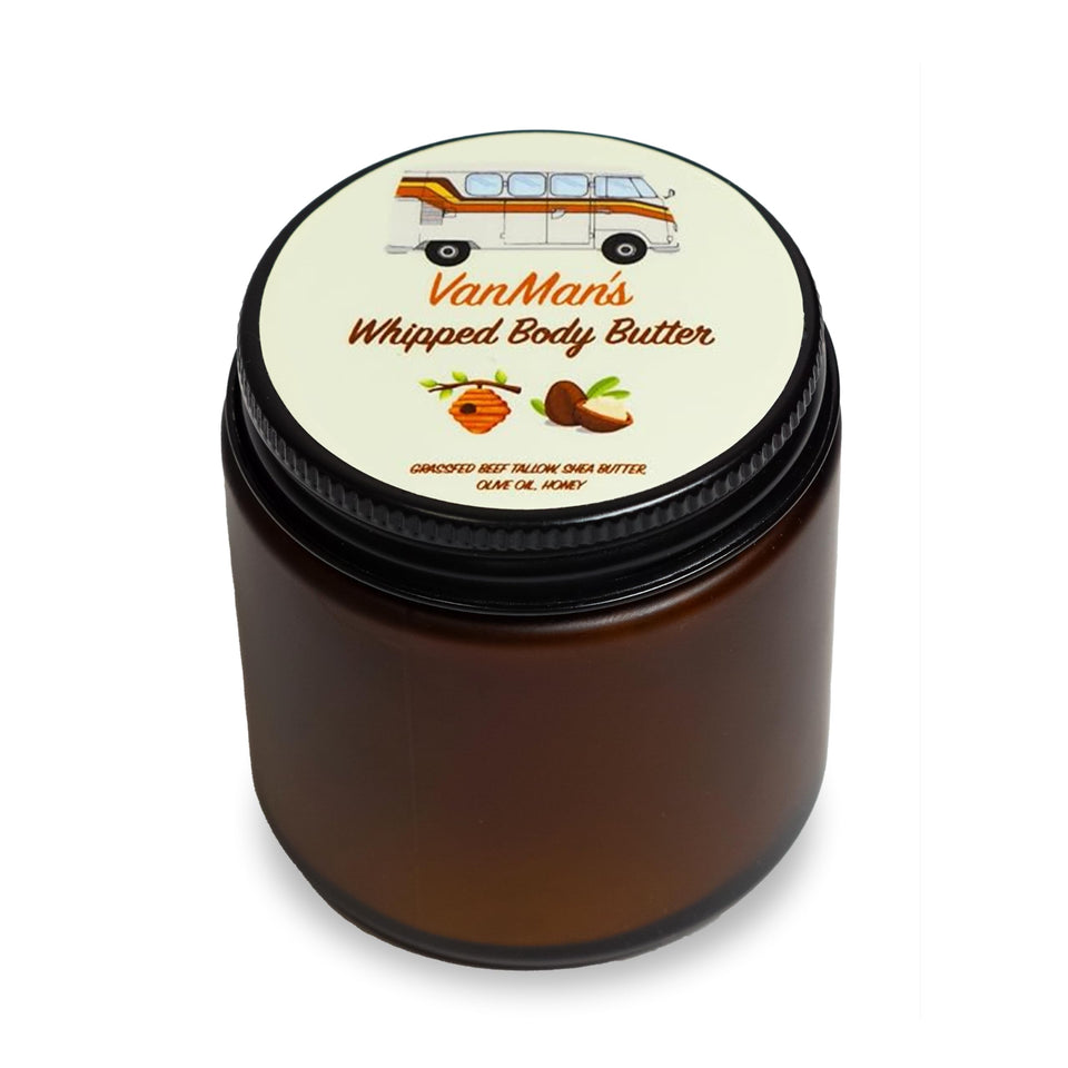 VanMan whipped tallow body butter jar with creamy texture for deep hydration and soft skin.