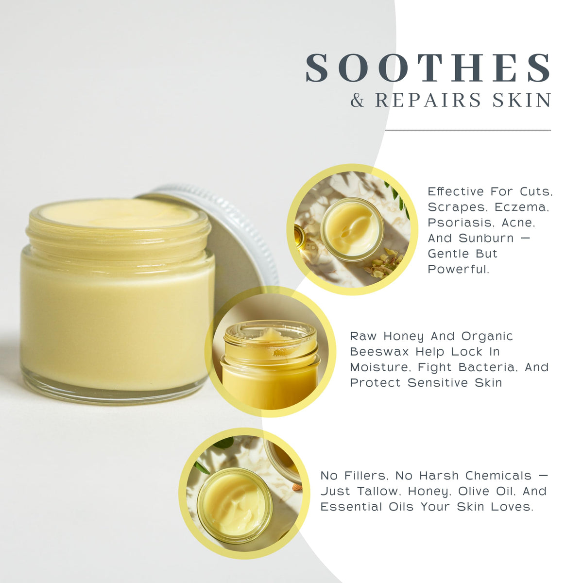 Ingredients panel features beeswax, raw honey, and olive oil with essential oils