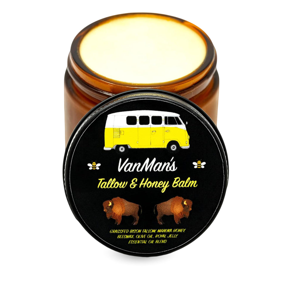 Vanman’s Tallow and Honey Balm jar close-up shows rich texture ideal for dry skin