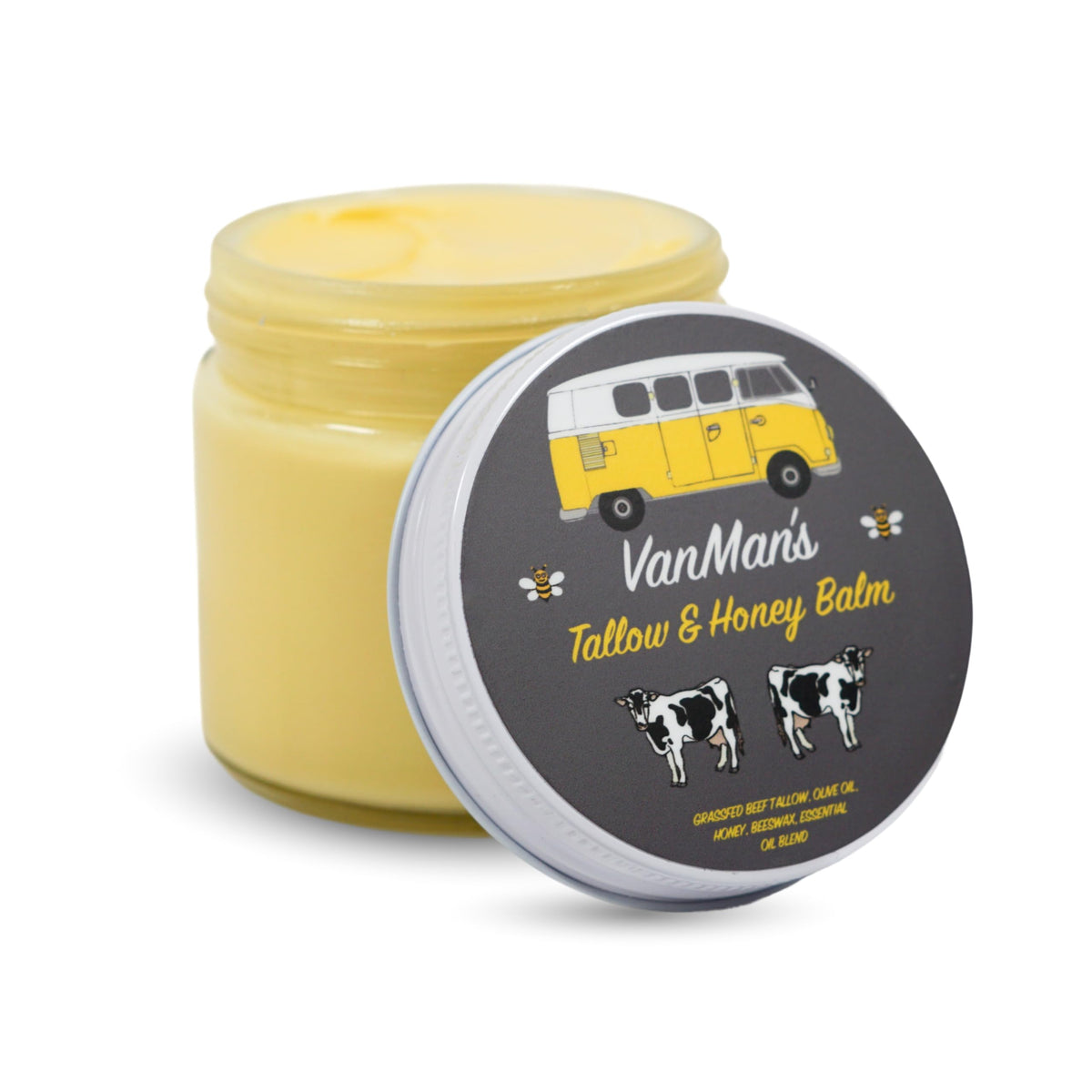 Vanman\'s Tallow and Honey Balm jar closeup showing creamy texture for nourished skin