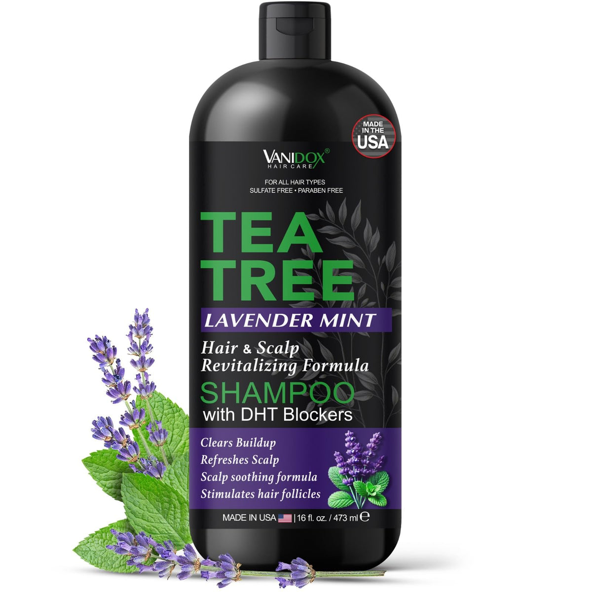 VANIDOX Tea Tree Shampoo bottle closeup with lavender mint for scalp refresh