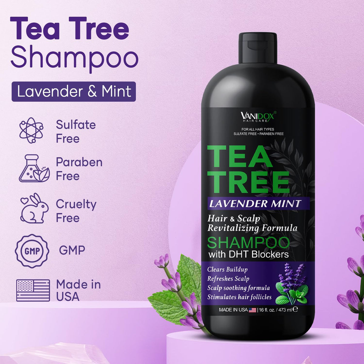 VANIDOX Tea Tree Shampoo lather closeup showing deep cleansing action