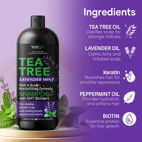 VANIDOX Tea Tree Shampoo scalp massage demonstrating soothing relief for dry scalp
