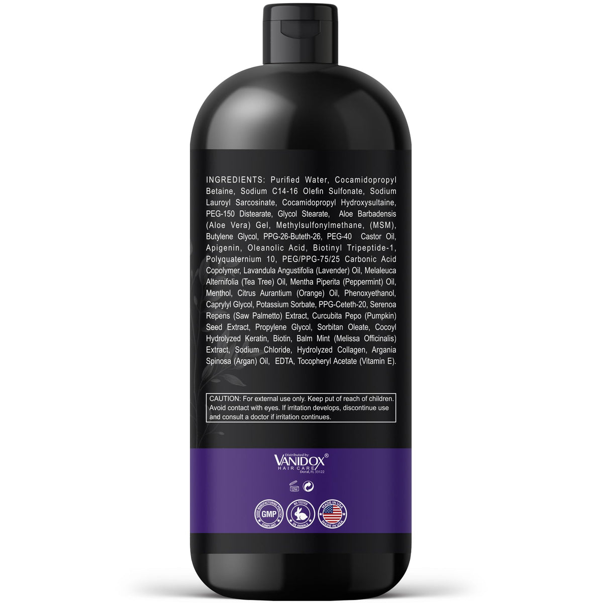 VANIDOX Tea Tree Shampoo packaging with USA label emphasizes safe ingredients
