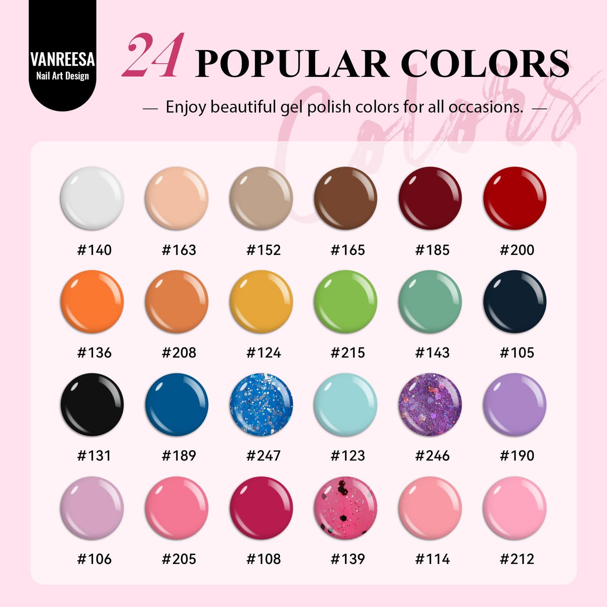 VANREESA 24 gel color collection with nude to red shades for versatile nail art