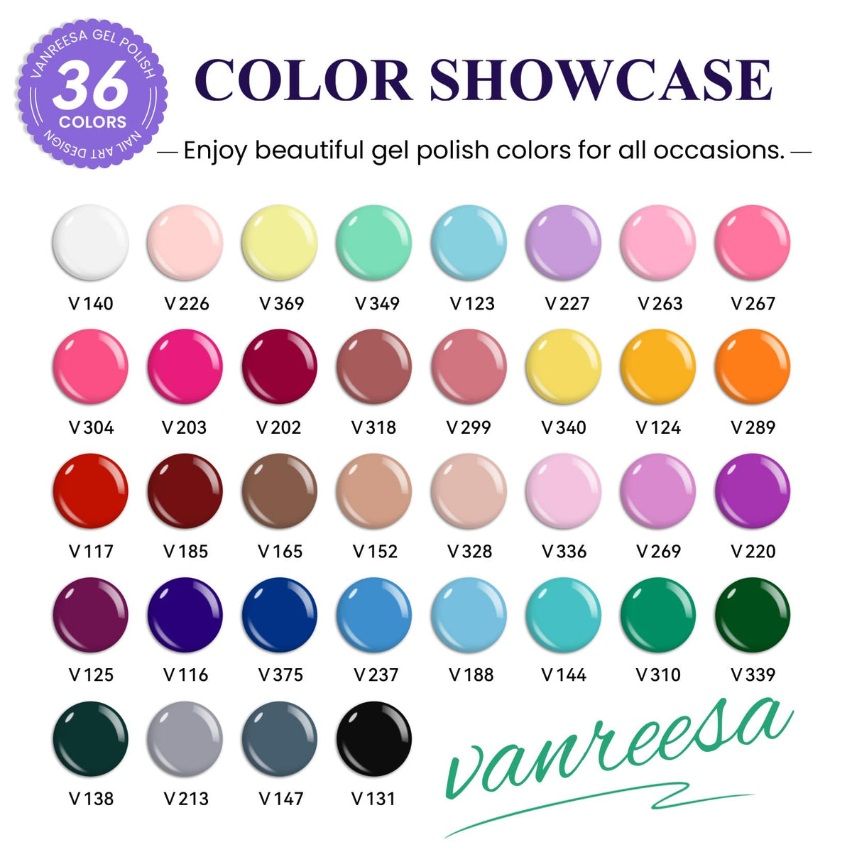 VANREESA 36-color display board shows a wide shade range for versatile looks.