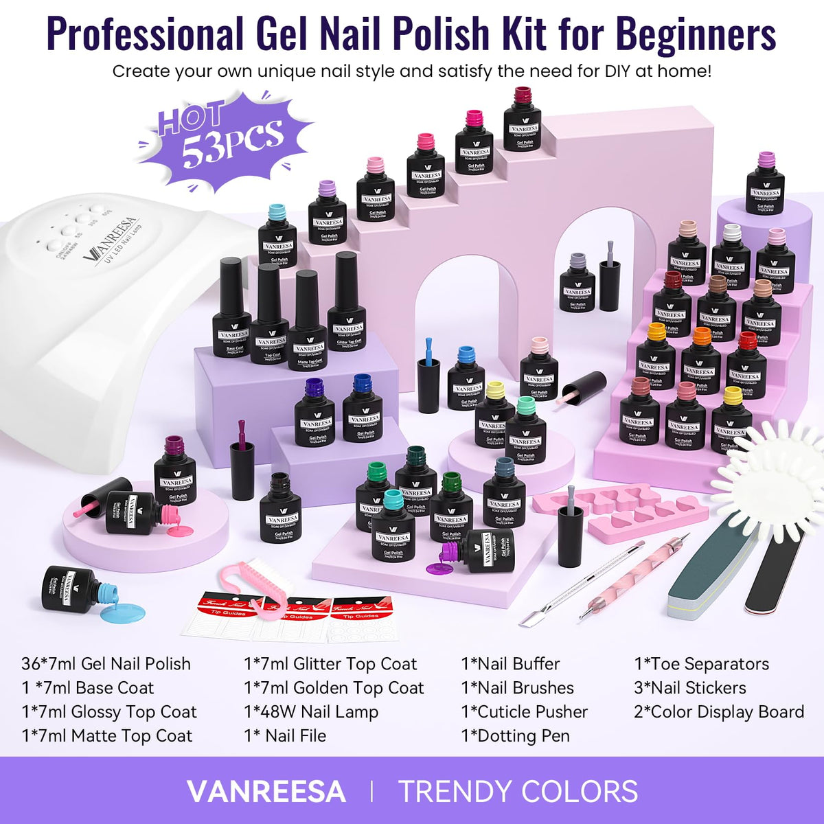 VANREESA gel polish bottles close-up shows silky texture and gloss.