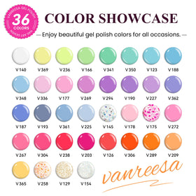 Vanreesa sweet juice colors display board showcasing 36 shades