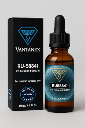 Vantanex RU58841 bottle label shows potency and brand for easy verification.