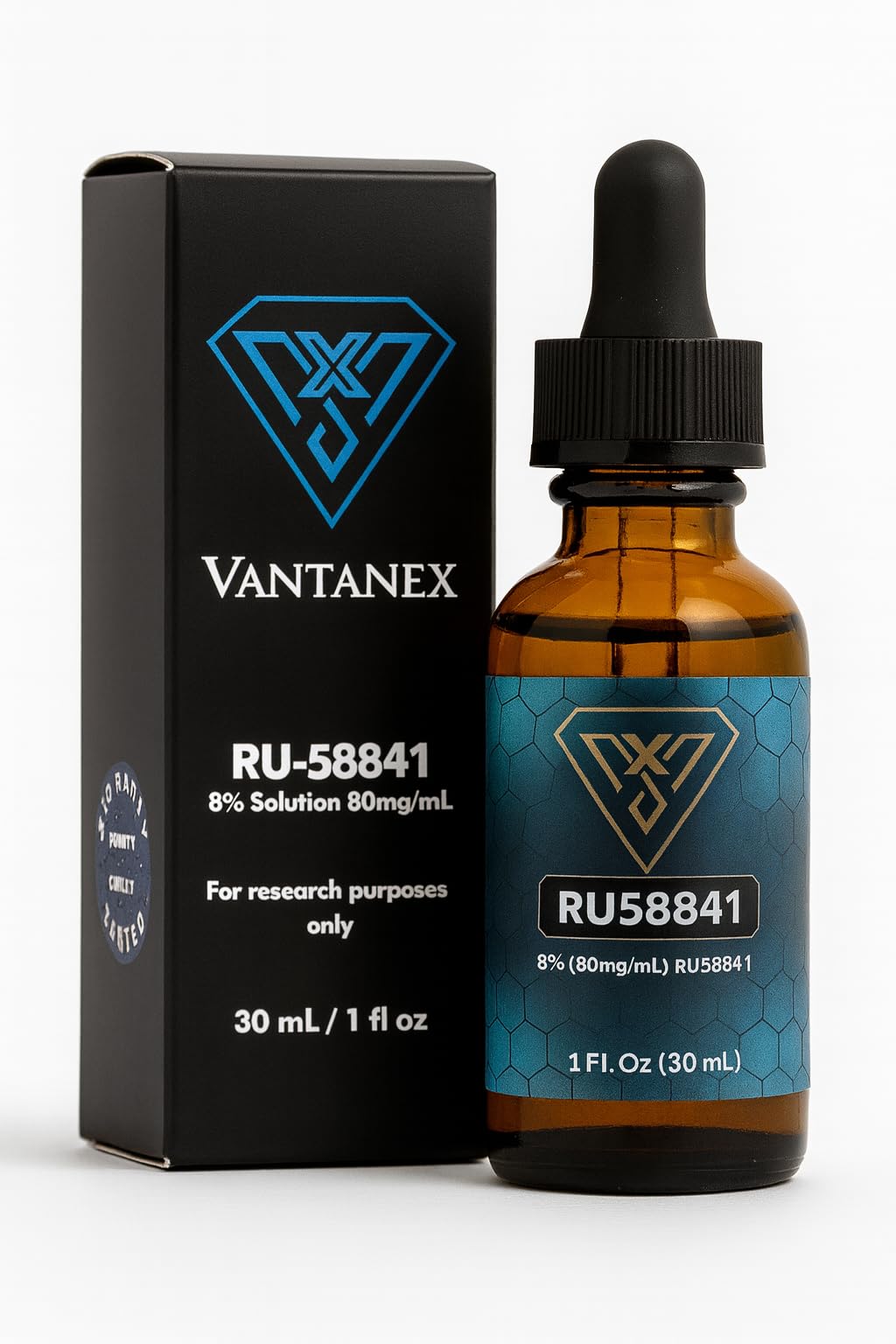 Vantanex RU-58841 eight-percent bottle front for simple daily topical use.