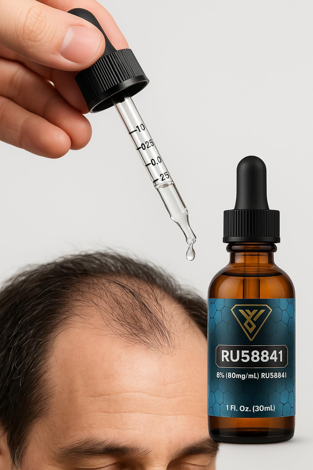 Vantanex RU-58841 eight-percent bottle label notes potency for scalp care.
