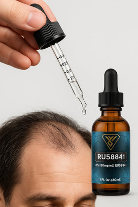 Vantanex RU-58841 eight-percent bottle label notes potency for scalp care.