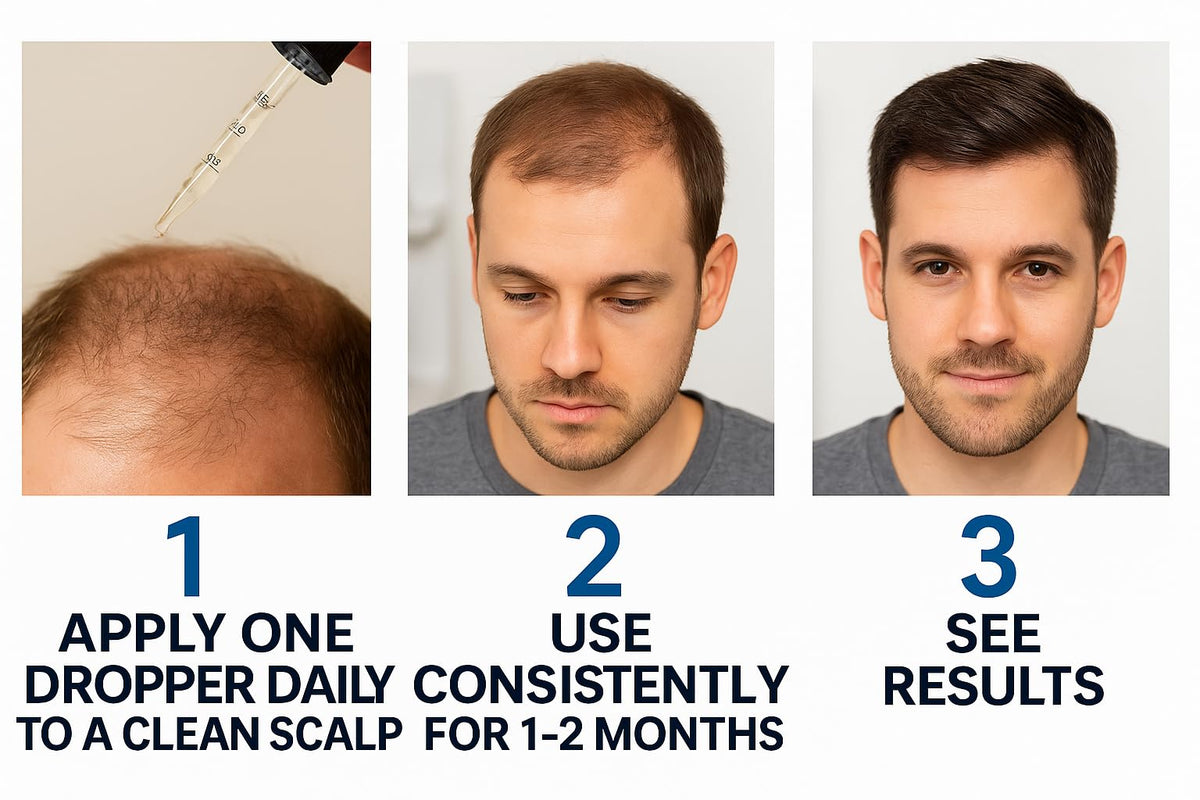 Vantanex RU-58841 dropper applying a precise amount to the scalp.